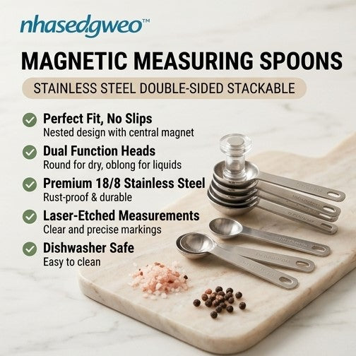 nhasedgweo™ Magnetic Measuring Spoon Set – Stainless Steel Double-Sided Stackable Kitchen Tool