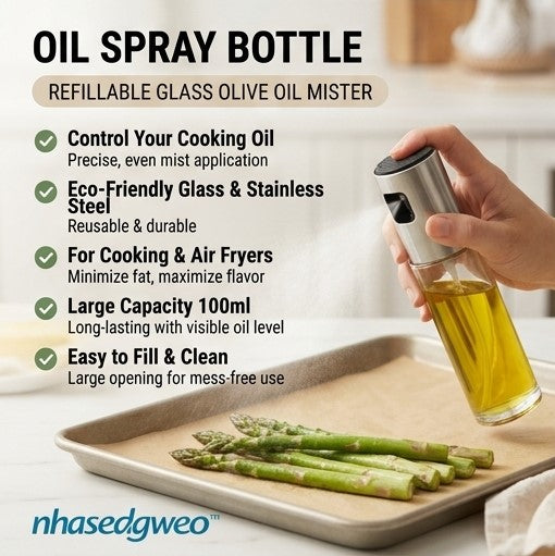 nhasedgweo™ Oil Spray Bottle – Refillable Glass Olive Oil Mister for Cooking & Air Fryer
